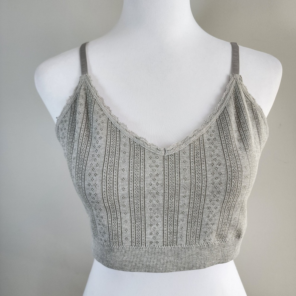 Laura Ashley Bralette‎ Crop Top Womens XL Gray Ribbed Pointelle Lace Trim Bra